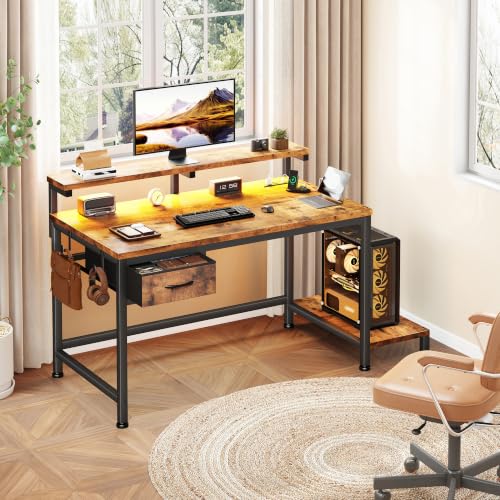 Image of DurayLoly 32 inch Office Desk with Power Outlet & Fabric Drawer,Rustic Brown