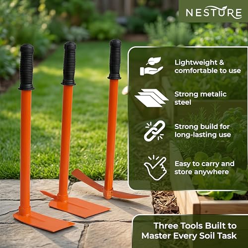 Image of 3 Pcs Gardening Tool Set | Heavy Duty Pickaxe, Hoe & Prong Hoe for Digging, Soil Loosening | Gardening Tools Kit for Home Garden (Orange)