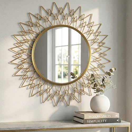 36' Large Champagne Gold Sunburst Round Wall Mirror, Geometric Metal Frame