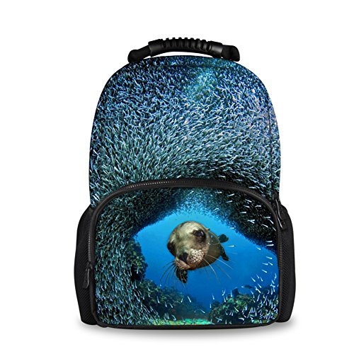 Coloranimal Blue Underwater World Printed Children Large Felt Backpack 3D Sea Lions School Bags