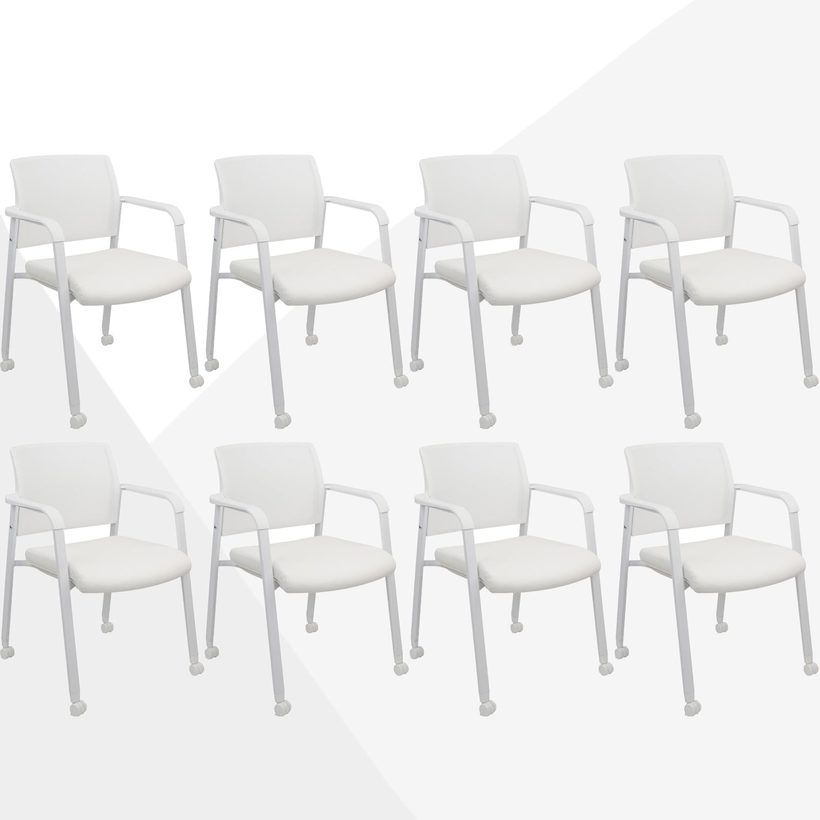 CLATINA Rolling Conference Chairs, 8 Pack Stackable with Wheels and Paddle, Ergonomic Mesh Back and Arms for Meeting, Conference, Training Room &amp; Home Office (White)