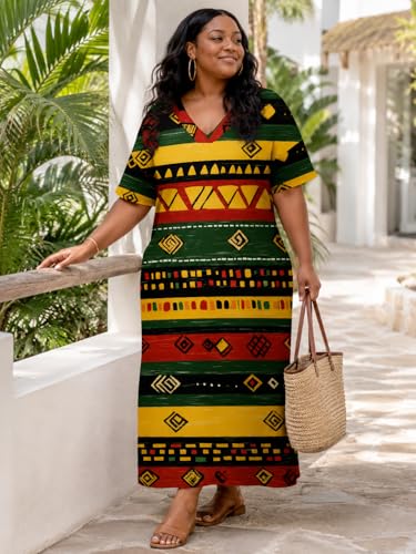 Image of Plus Size Maxi Dress for Women Short Sleeve V Neck Casual Loose Sundress with Pockets