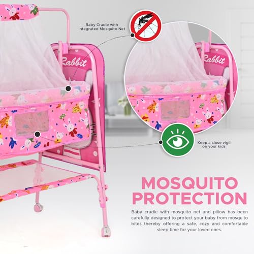 Image of Bubblebaby Premium Sturdy & Safe Baby Cradle Jhula /Palna /Bed /Ghodiyu /Baggi /Baby Bedding With Mosquito Net All Four 360 Rotating Wheels & Lock Storage Mattress For 0-13 Months Boys Girls (Pink) 1count