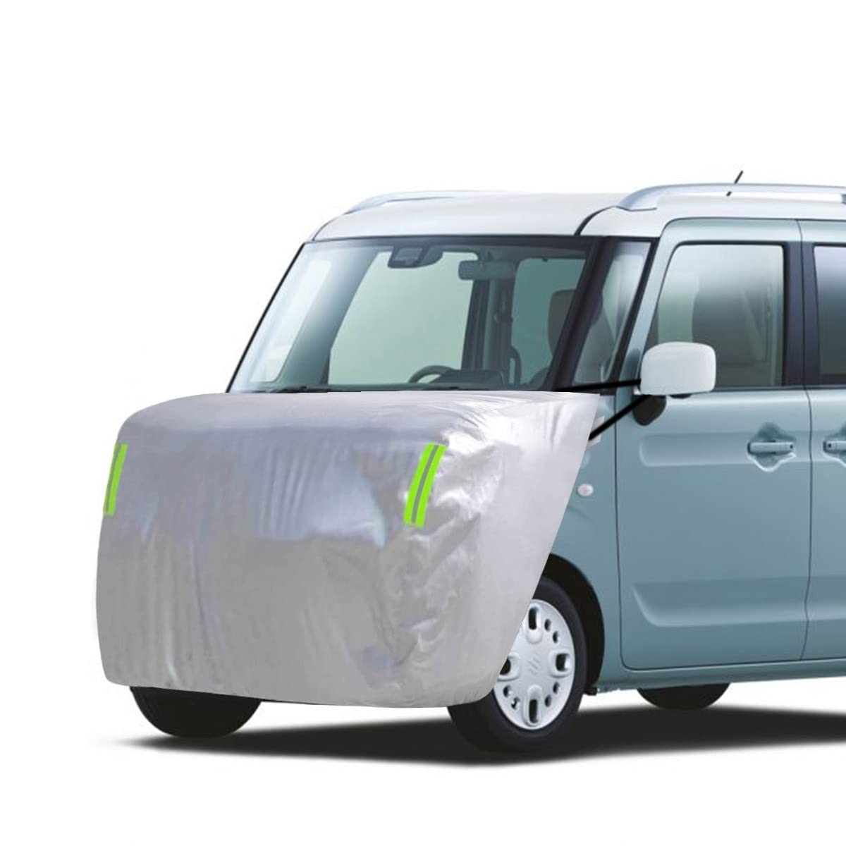 LINFEN ボンネットカバー 軽自動車用 車カバー 厚地でしっかりし フロント 防炎 ボンネット保護カバー 裏起毛タイプ 蛍光反射ストリップ付 自動車ボンネットカバー ボディカバー ヘッドライト劣化 鳥フン対策 (軽自動車用-Sサイズ)