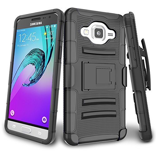 J3 Case,Galaxy Sol Case,J3 V Case,TILL(TM) Shock Absorbing Rugged Holster Locking Belt Swivel Clip Defender Heavy Duty Kickstand Case Cover for Samsung Galaxy Amp Prime/Express Prime - Black