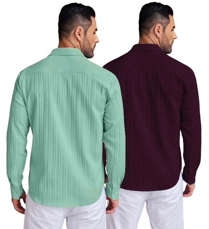 Image of DEELMO Combo of Men's Casual Button Down Shirts Long Sleeve Linen Shirt Fashion Textured Summer Shirts Pack of 2