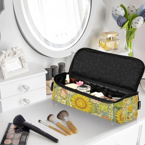 Bolsa de viaje para herramientas de cabello para mujeres y tapete resistente al calor, estuche impermeable para planchas, rizadores y organizador portátil estilo bohemio occidental con girasoles y cactus miniatura 7