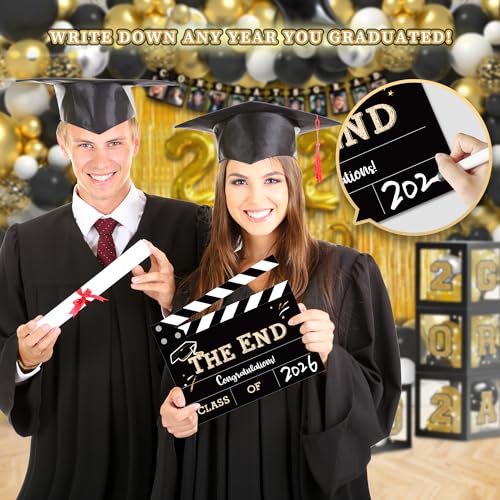 Image of Party Spot！2026 Black and Gold Graduation Party Decorations,124 PCS Graduation Decorations Class of 2026，4 PCS Balloons Boxes with LED Light String & Letters 2026 GRAD So Proud of You