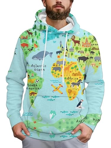 Sudaderas con Capucha de Hombre con Mapa Mundial 3D Impreso Estampado Vintage Manga Larga Cordón y Diseño de Pulóver