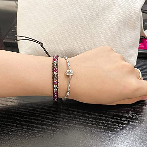 Image of KELITCH 925 Silver Skull Bracelets Wrap Bracelets Women Crystal Beaded Bracelets on Natural Leather
