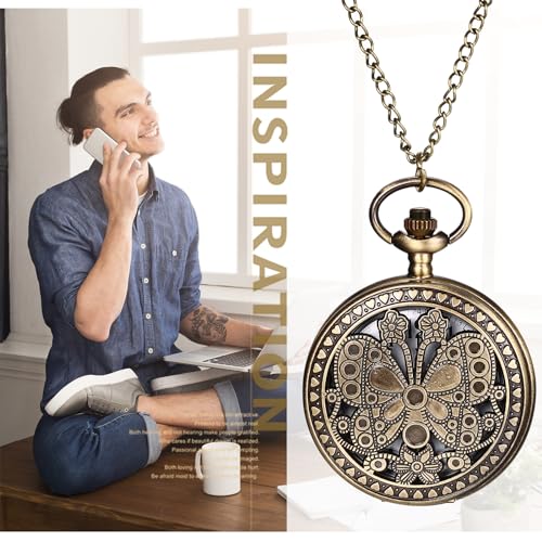 Image of Avaner Hollow Out Pocket Watches: Bronze Butterfly Analog Quartz Pocket Watches with Chain for Men and Women