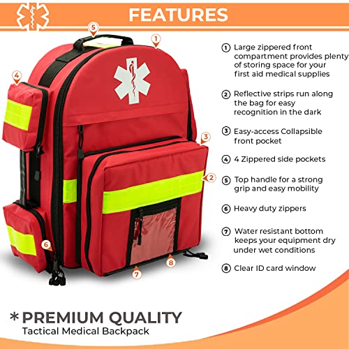 First Aid Empty EMT Tactical Backpack Bag ,17"x6"x9", for Emergency and First Responder Trauma Treatment Oxygen O2 Tank and Medical Supplies Back Pack, Red - Image 3