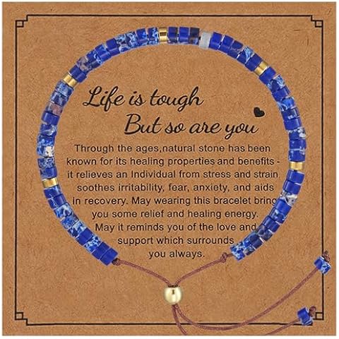 Plumiss Inspirational Gifts Bracelets for Women, Boho Handmade Lapis Blue Imperial Jasper Stone Beaded Bracelets, Life is Tough But So are You Bracelet Cover