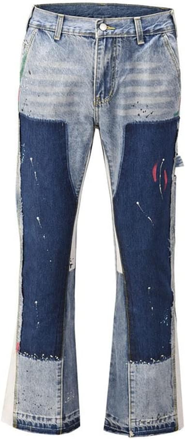 Men's Painted Patchwork Flared Jeans Loose Wide Leg Denim Pants for Male Casual Trousers