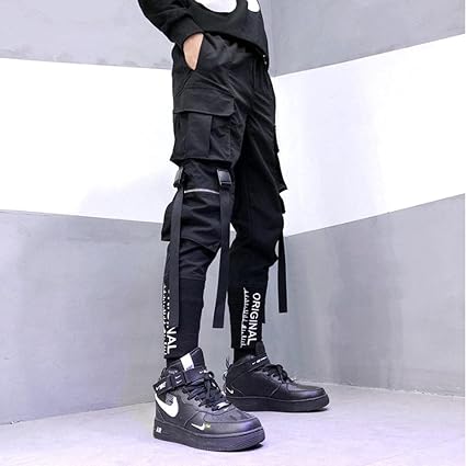 LXCQI Pantaloni da Uomo Hip Hop Giapponese Moda Giapponese Harajuku Streetwear  Pantaloni Cargo per Uomo Tasche A Nastro Joggers Techwear : Abbigliamento