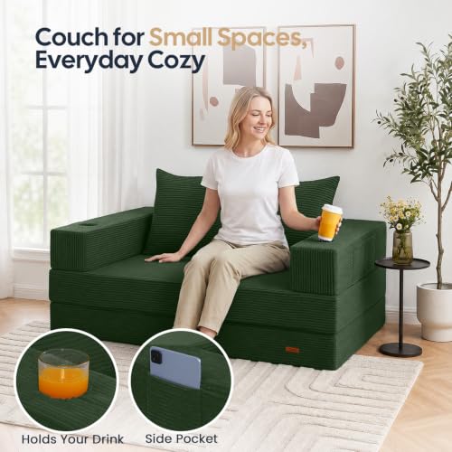 Image of COMAX Futon Sofa Bed, Convertible Sofa Bed, Folding Boneless Couches | Boneless Couch for living room, 4‑in‑1 Fold Out Small Foldable Loveseat Floor Sleeper Mattress Lounge Space‑Saving, Green