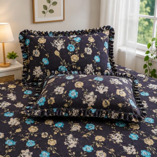 Image of 320 TC Premium Soft Cotton Feel Microfiber Elastic Fitted Bedsheet King Size (72 x 78 x 8 Inch) with 2 Frill Pillow Covers | All Around Elastic Double Bed Sheet | Black