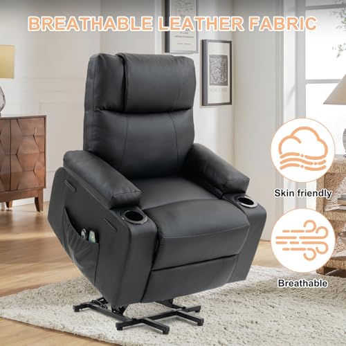 Image of Power Lift Recliner Sofa Chair, Electric Stand Assit for Elderly People, Leather Reclining Chair with Cup Holders, Massage & Heat Functions, Living Room or Bedroom Furniture for Resting, Black