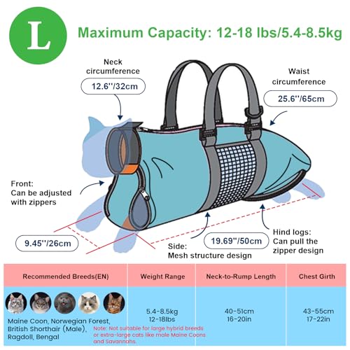 Image of Cinf Cat Nail Clipping Cleaning Grooming Restraint Bag (Free Muzzle) Set No Scratching Biting for Bathing Nail Trimming Injecting Examining(Blue,L)