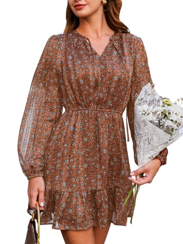 CUPSHE Women Fall Dresses Double Layer Glitter V Neck Ruffle Floral Puff Long Sleeve Elastic Waist Mini Dress - Main Image