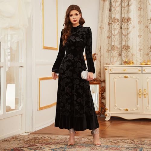 Image of AGYMNX Women's Fall Winter Dress Long Sleeve Velvet Long Maxi Dress with Belt Party Dress Flowy A Line Wedding Guest Dress