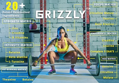 Image of Grizzly Nutrition Night Hawk No Caffeine Pre Workout Powder, Stimulant-Free Energy, Focus & Muscle Pump with L-Citrulline, Creatine, 460g Pack, Kiwi Crush, with 30g Energy Caffeine Pack