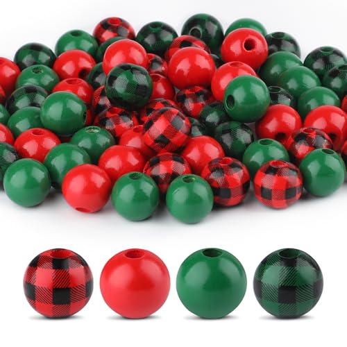 Motroce 80 PCS Wooden Beads 16mm Buffalo Plaid & Classic Colors Round Loose Beads for Crafts & Decorations