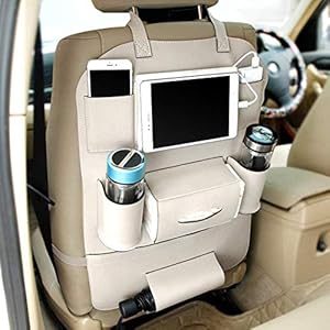 Axmon Car Back Seat Storage Organizer - PU Leather Car Seat Back Protection [7 Separate compartments] Universal Multi Pocket Backseat Storage Hanger for Mobiles,Bottles,Tissue Box,Magazines (Beige)
