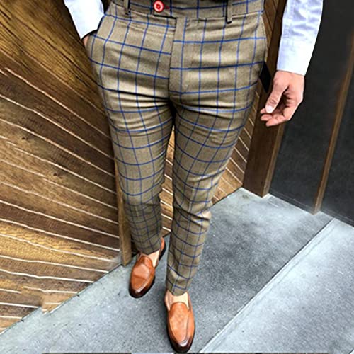Mens Fashion Plaid Dress Pencil Pants Slim Fit Stretch Flat-Front Business Suit Pants Business Work Chinos Golf Pant2