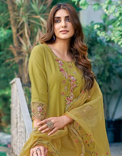 Image of SIRIL Women's Rayon Viscose Sequence Embroidery Work Straight Kurta Pant with Dupatta Set
