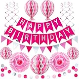 Premium Wiederverwendbare Party Deko - Geburtstagsdeko Mädchen, Geburtstagsdeko Frauen, Kindergeburtstag Deko, Geburtstag & Party Zubehör - Happy Birthday Girlande, Wabenbälle, Pompons - Rosa Deko