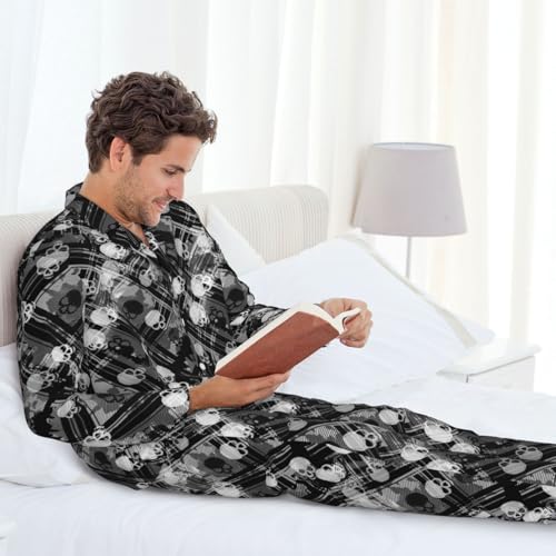 Mens Pajamas Set - Black And White Skulls Long Sleeve Sleepwear Nightwear Pjs Lounge Pajama Sets For Men3