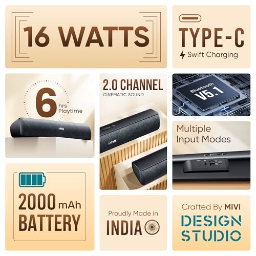 Image of Mivi Fort S16 Soundbar with 16W Powerful Audio, 2.0 Channel Surround Sound, Dual in-Built Speakers, Multiple Connectivity Options, Up to 6H Playtime, Portable & Made in India Soundbar for TV