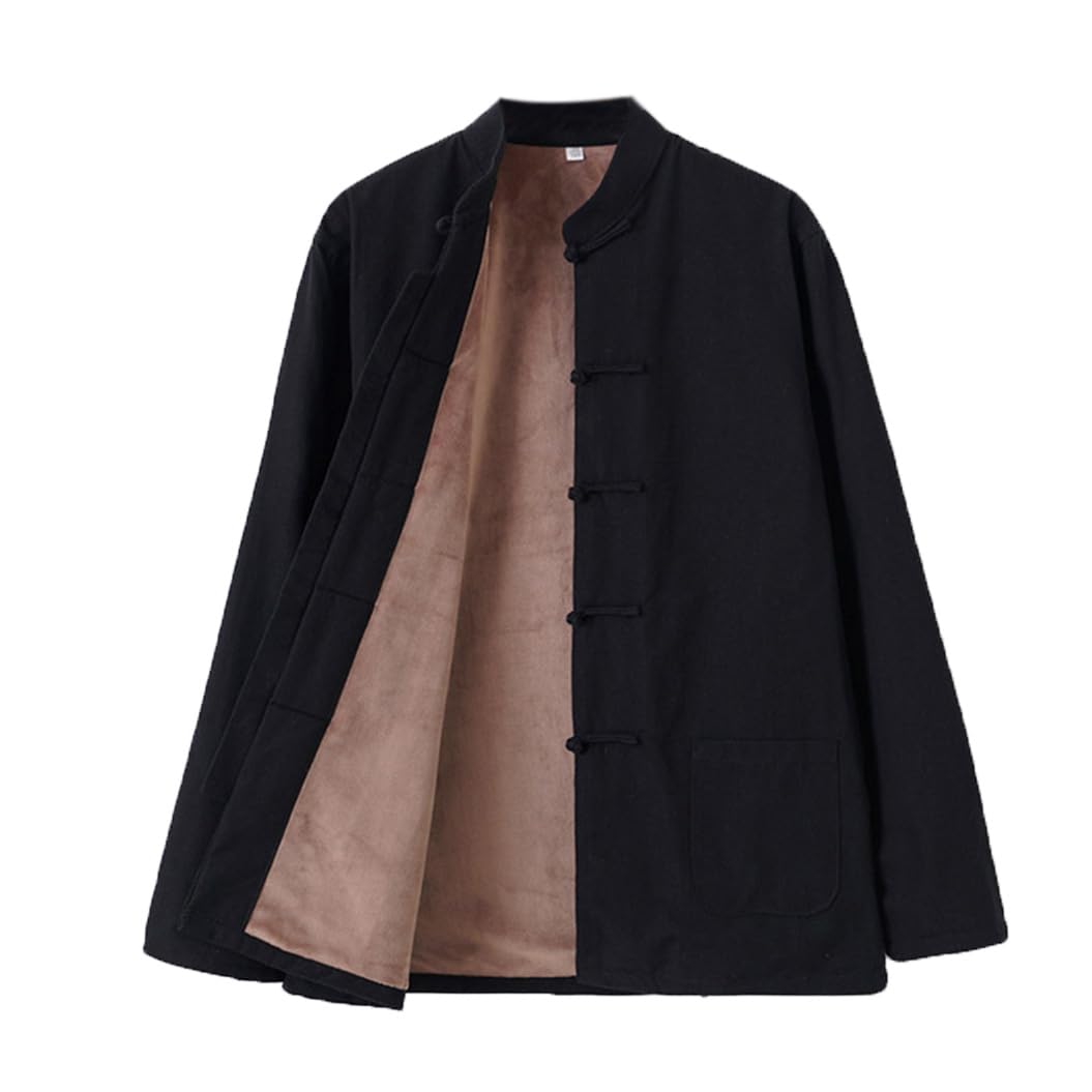 Hiver Coton Tang Costume Hommes Plus Velvet Tai Chi Uniforme Manches Longues Chinese Vêtements Traditionnels Chinois Tops, Hanfu Veste Kung Fu Vêtements Costume D'ar Black-XXL