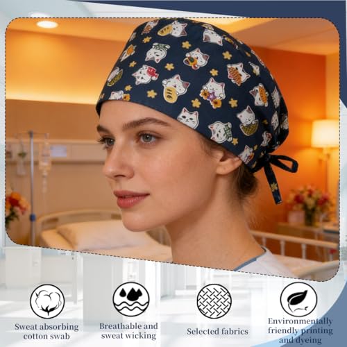 MIRKUZI Kopfbedeckungen für Krankenschwestern Eine Unisex-Pflegehaube aus Baumwolle mit Knöpfen und Schweißband. Verstellbar, atmungsaktiv und waschbar.