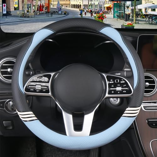 Image of 15 inch Cute Leather Steering Wheel Cover Black and Blue | Breathable Non-Slip Faux Leather and Carbon Fiber Car Accessories for Women Men Universal 14.5 inch to 15 inch