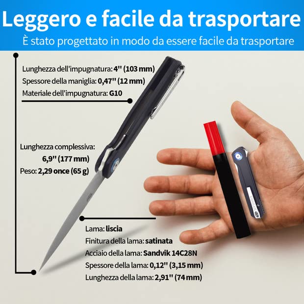 HARNDS Wind Coltello Pieghevole Tascabile – Lama Sandvik 14C28N, Manico G10, Cuscinetto A Sfere, Apertura Pinna, Per Campeggio E Sopravvivenza, Nero