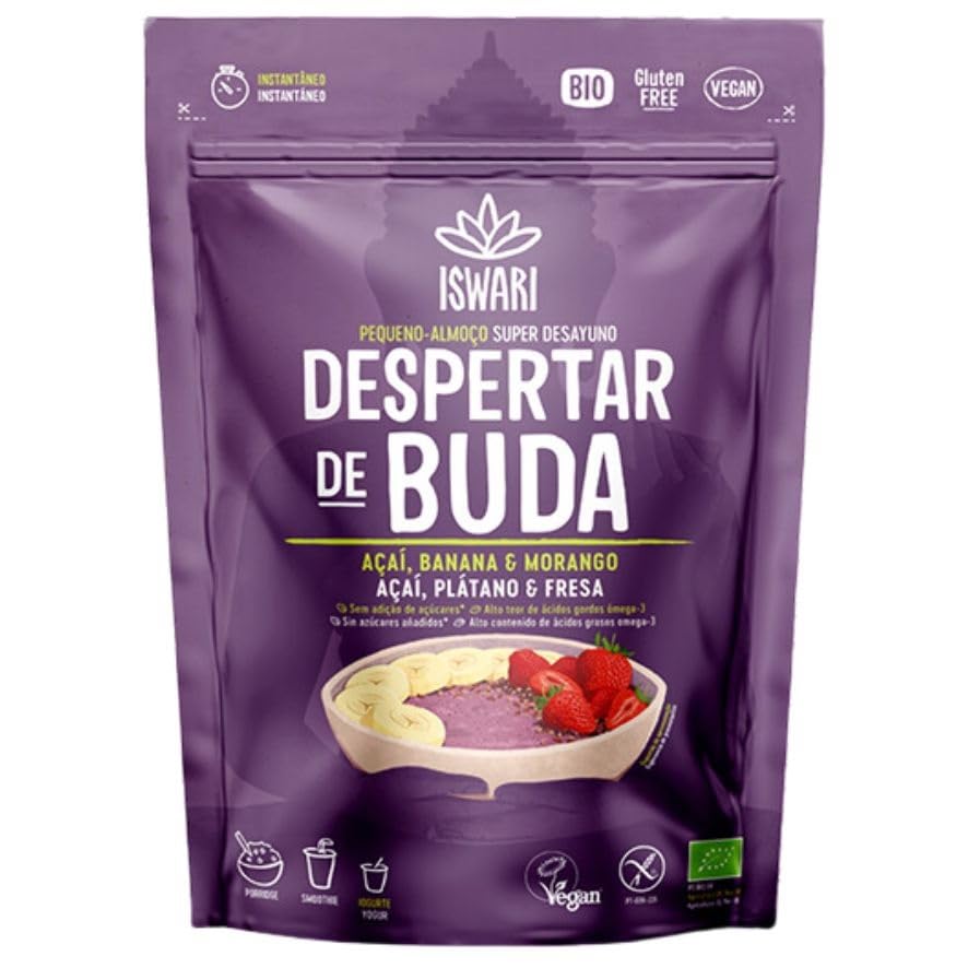 Despertar de Buda Orgánico Açaí, Plátano y Fresa 360g | Desayuno Instantáneo Superalimento Vegano, Sin Gluten | Con Chía y Lino, Rico en Fibra y Omega 3 | Porridge Saludable y Nutritivo