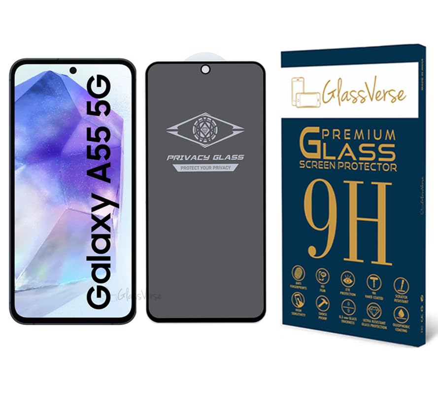 GlassVerse Ultra Privacy Tempered Glass For Samsung Galaxy A55 5G Cellphone(Pack Of 1)With Free Installation Kit. Edge To Edge.(In-Screen Fingerprint Lock Will Not Work With The Privacy Guard)-6.6In