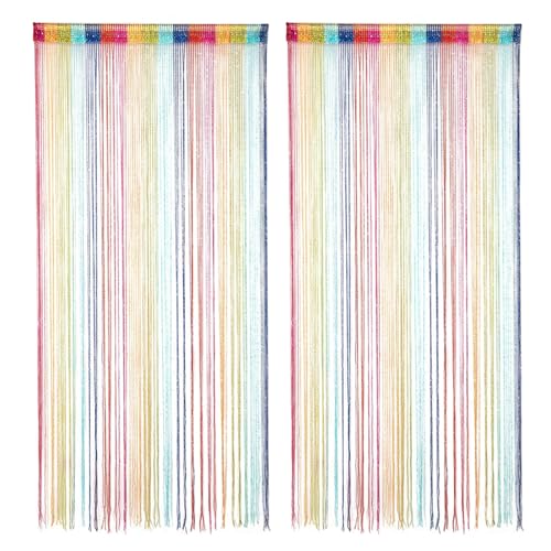 WestCH Lot de 2 Rideau Anti Mouche pour Porte Exterieure Rideaux Fils 200 x 100 cm Multicolore Rideau de Porte Anti Mouche Franges Colorées Décoration pour...