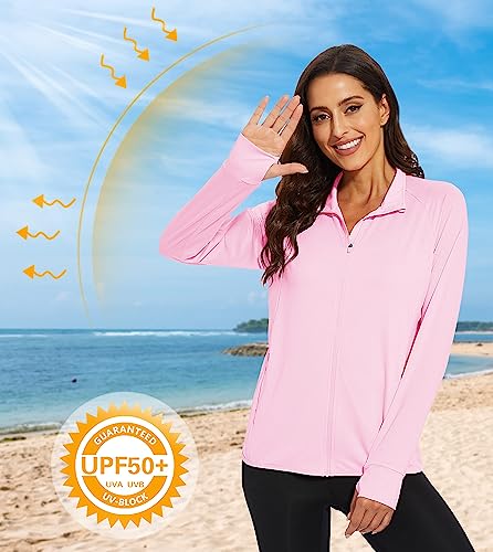 MAGCOMSEN Ladies Sports Running Tops Shirts Long Sleeve UPF 50+ Quick Dry Breathable Fishing Hiking Full Zip Jacket Light Pink - Image 2