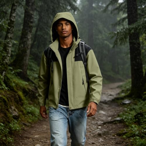 Image of Color Block Waterproof Hooded For Men Rain Shell Jacket Windproof Coat With Adjustable Drawcord Hood & Velcro Cuffs Packable Zip Up Hiking Camping And Fishing Outdoor Activities Green Xs