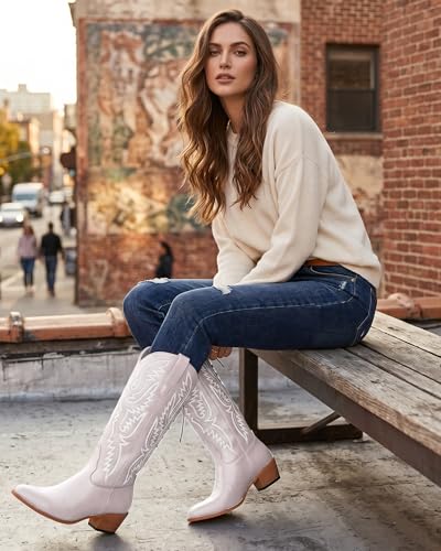 Image of Uillnoodu Wide Calf Cowboy Boots Women Adjustable Lace Up Knee High Tall Plus Size Cowgirl Boots Western Style Comfortable 2-Inch Heel