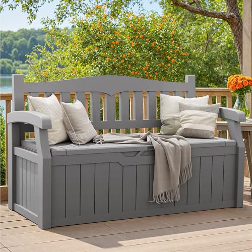 Image of Greesum 80 Gallon Storage Bench Outdoor Deck Box with Armrest, Grey