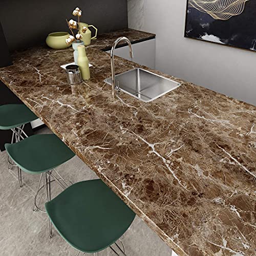 Image of FOKRIM Brown Marble Wallpaper (200x60CM)(Brown) Self Adhesive Wall Stickers Oil-Proof Waterproof Peel & Stick Contact Wallpaper for Kitchen Living Room Office Table Home Decore