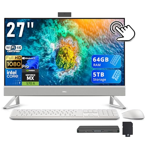 Image of Dell 27 inch FHD Touchscreen All-in-One Desktop, Intel Core 7 150U, 64GB DDR5, 5TB Storage (4TB SSD+1TB Docking Station), NVIDIA GeForce MX570A, IR Web Camera, Wi-Fi 6E, Keyboard & Mouse, Win11 Pro, White