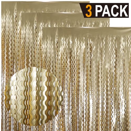 Image of GOER Metallic Tinsel Foil Fringe Curtains Party Photo Backdrop Party Streamers for Birthday,Graduation,New Year Eve Decorations Wedding Decor (Champagne Gold,3 Packs)