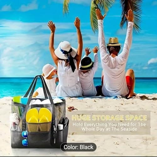 Mesh Beach Bag, Black, Portable Tote with Zipper, Multiple Pockets, See-Through Design for Pool, Beach, Travel, Large Capacity Storage 6