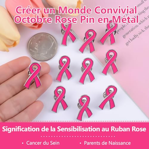 WANDIC 50 PCS Octobre Rose Broche, Pins de Cancer du Sein Rose Ruban Broches Décorations d'octobre Métal en Forme de Bijoux en Émail, pour Activités de Santé du Sein – vue 4