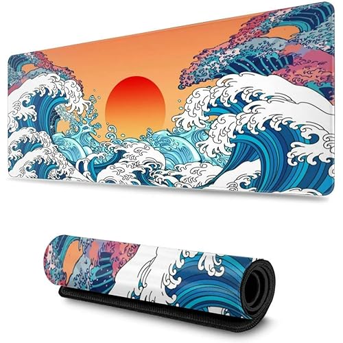 Image of Printed Gaming Mousepad - Premium Stitched Edges, Smooth Surface,Size 11x23 inches, Non-Slip Rubber Base - Ideal for Office & Gaming Setup (Vintage Japanese Ocean Wave Sunrise)